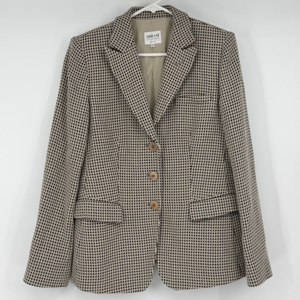 Armani Collezioni Virgin Wool Houndstooth Blazer Jacket Beige Black Size 8 Italy
